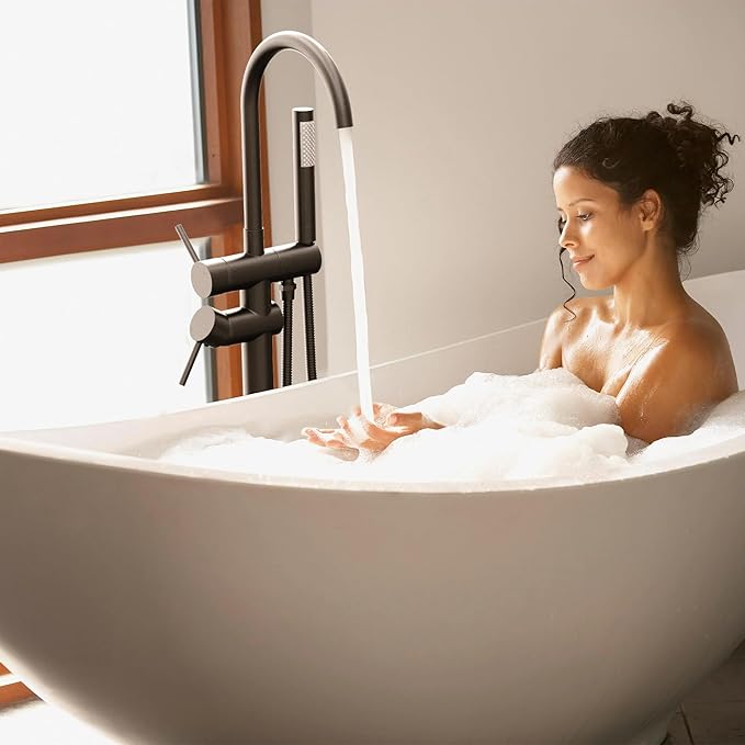 Floor Mount Bathtub Faucet Freestanding Tub Filler Standing High Flow Shower Faucets Shower Mixer Taps, Swivel Gooseneck Spout with Cylinder Handheld Matte Black