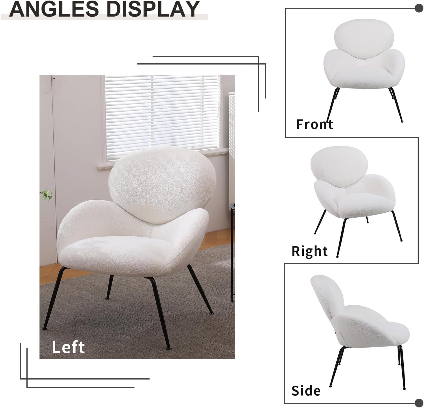 Modern Accent Chair, Teddy Upholstered Dining Chair with Black Metal Legs, Comfy Cute Vanity Chair, Leisure Single Armchair for Living Room, Dining Room, Bedroom (Ivory Teddy)