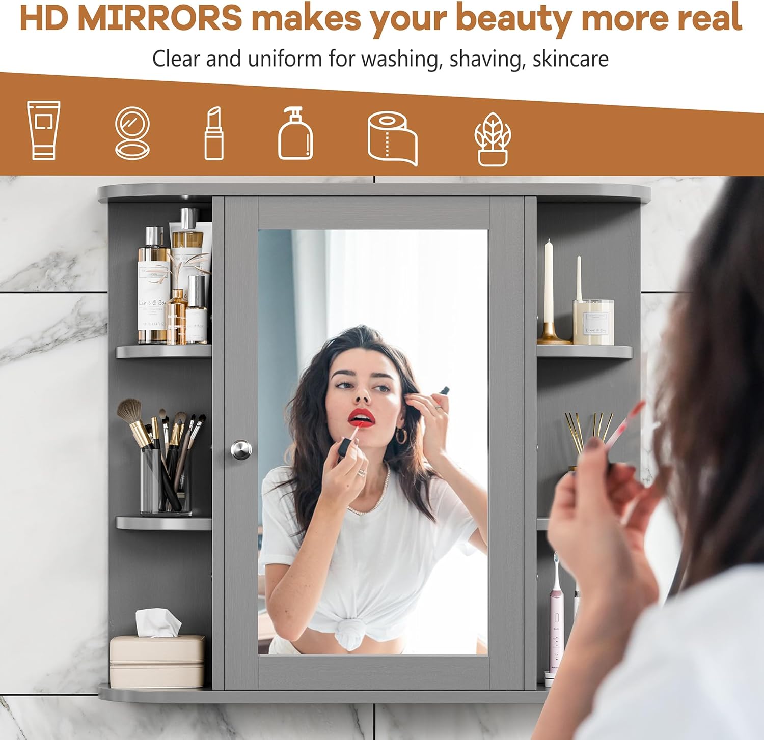 Bathroom Mirror Cabinet Wall Mounted, Bathroom Medicine Cabinet with Mirror and 6 Open Shelves