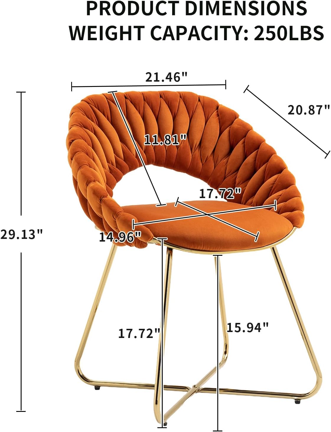 Dining Chairs Set of 2, Hand Weaving Makeup Chairs, Velvet Upholstered Living Room Chairs with Gold Legs, Accent Side Chairs for Dining Room, Kitchen, Bedroom, Vanity (Orange)