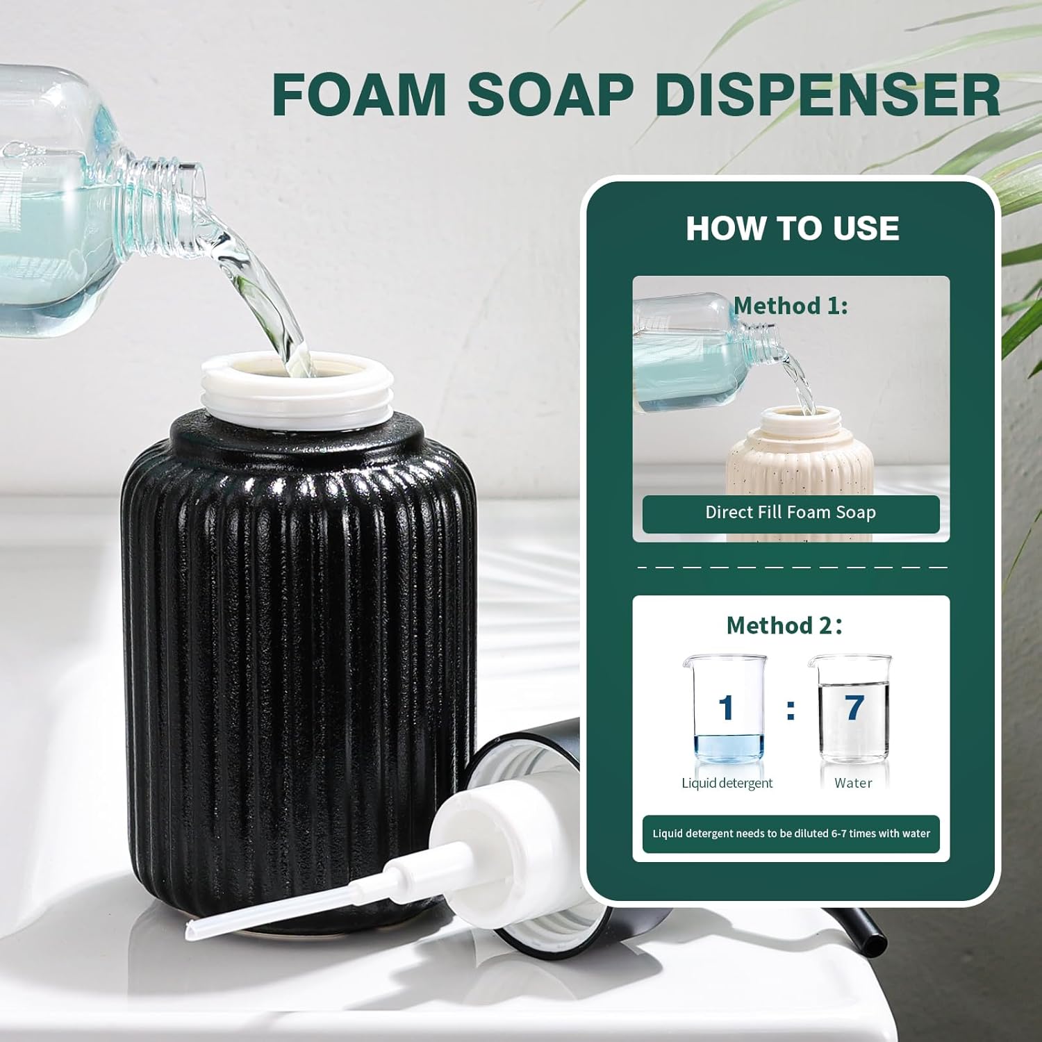 Foaming Dish Soap Dispenser Ceramic Hand Soap Dispenser for Kitchen Bathroom Shower, 12OZ Large Capacity Black Foam Soap Dispenser Sink Countertop Decor Vanity