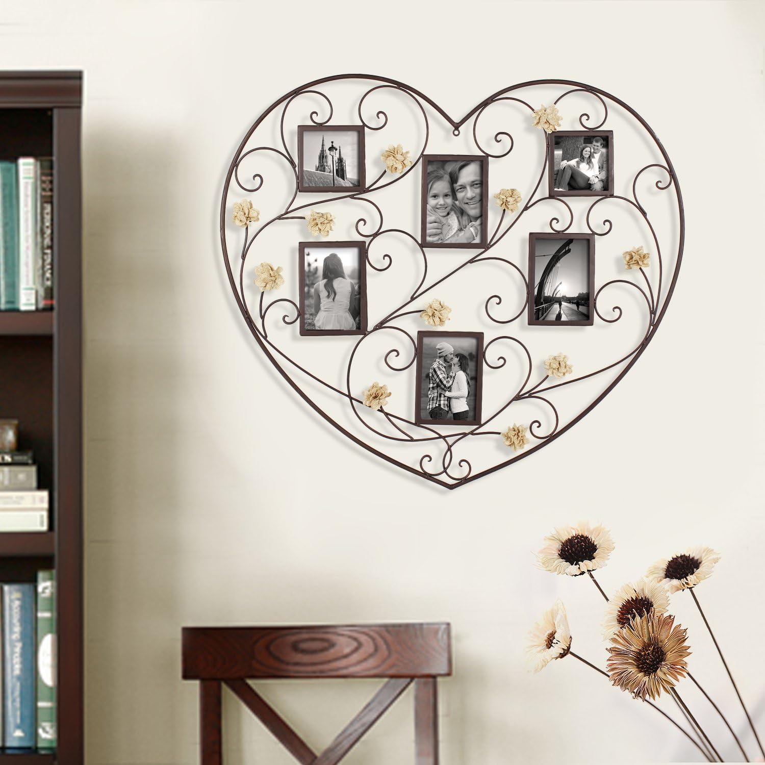 Decorative Black Iron Heart-Shape Picture Frame Collage with Scroll and Burlap Flower Design, 6 Openings