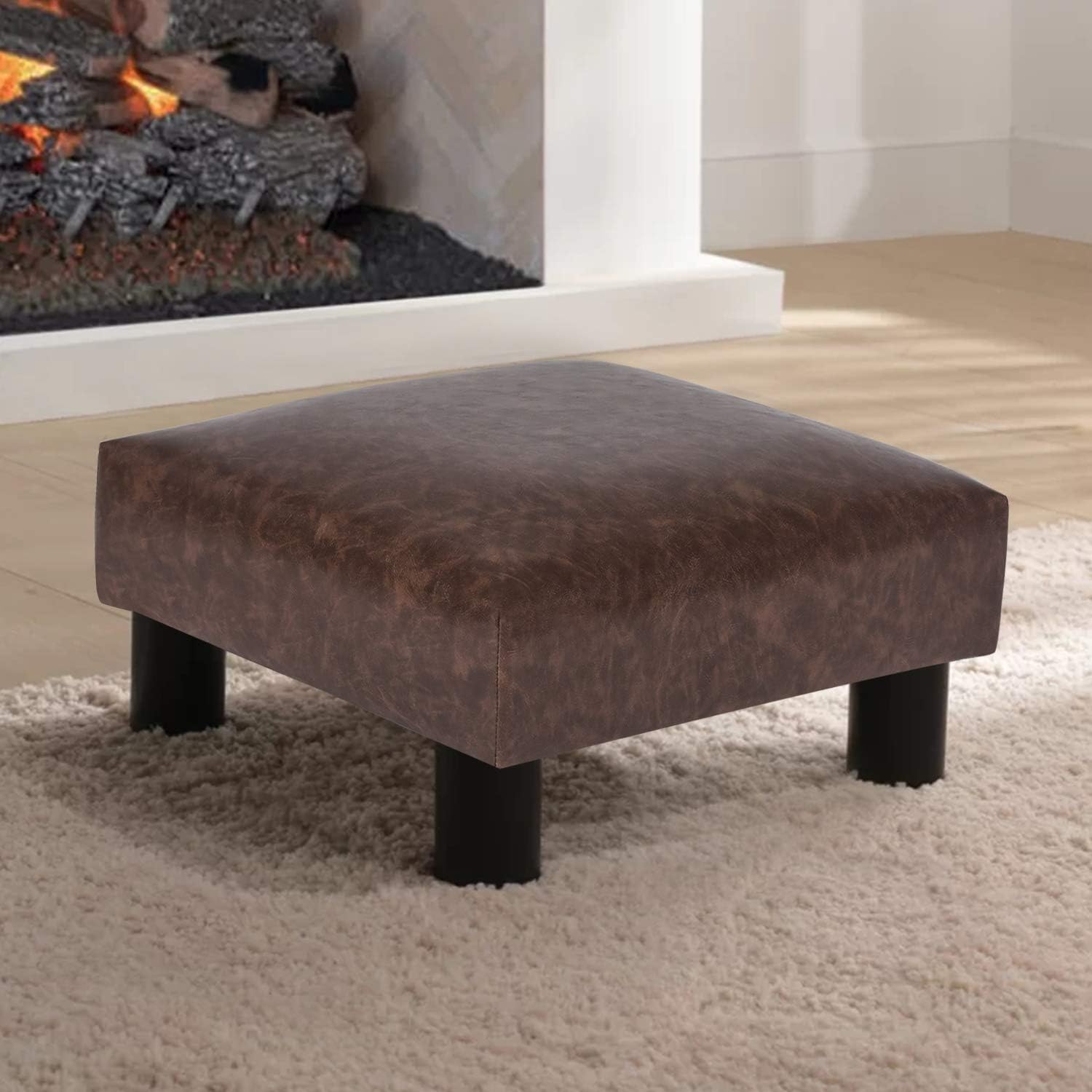 15’’ Small Ottoman Footstools- Waterproof Brown Distressed Faux Leather