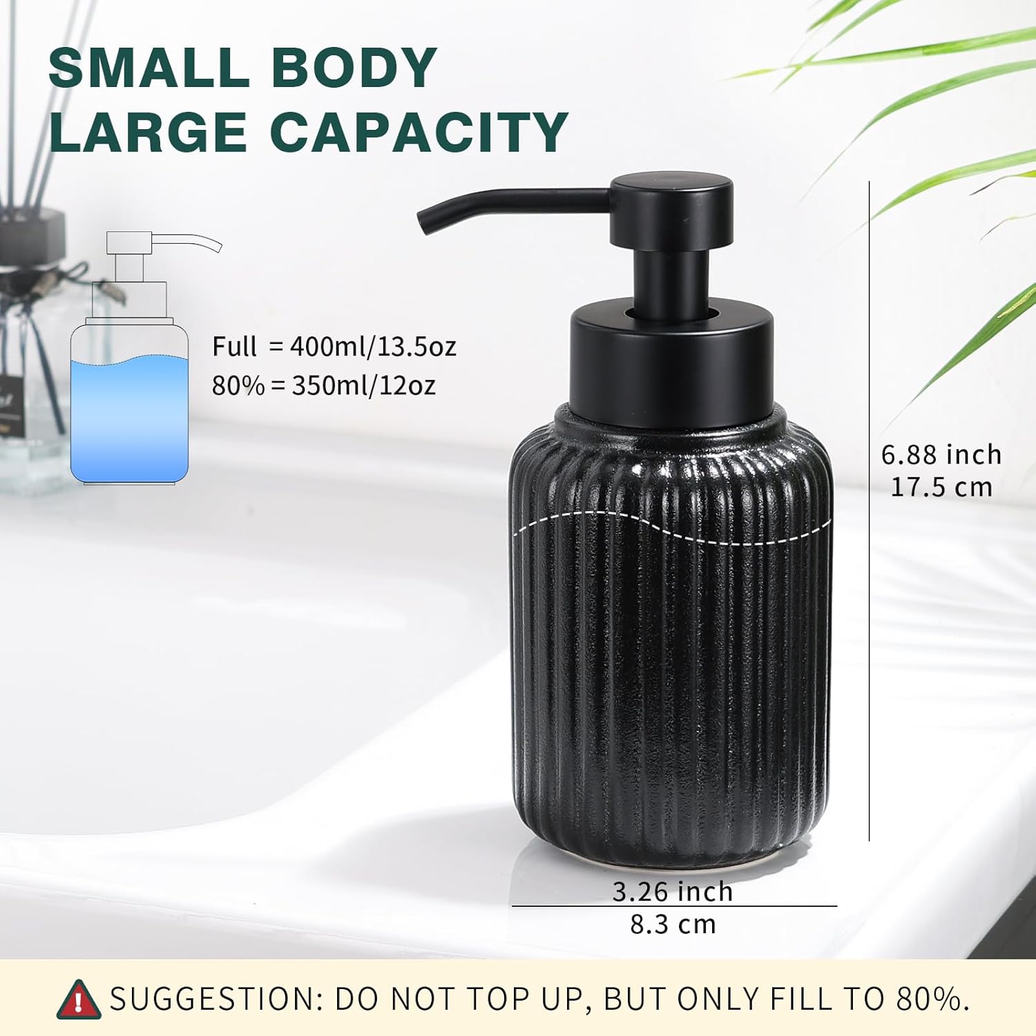Foaming Dish Soap Dispenser Ceramic Hand Soap Dispenser for Kitchen Bathroom Shower, 12OZ Large Capacity Black Foam Soap Dispenser Sink Countertop Decor Vanity