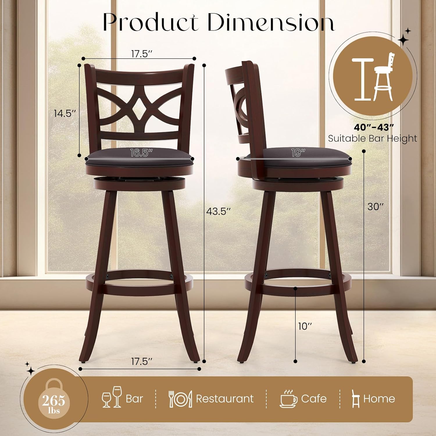Swivel Bar Stools Set of 2, 30" Bar Height Wooden Stools with Padded Seat, Farmhouse Bar Dining Chairs with Rubber Wood Frame, Upholstered Armless Barstools for Kitchen Island Home Bar