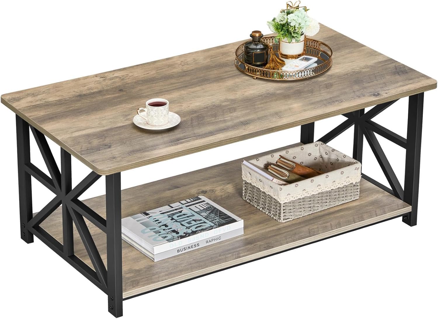 Coffee Table for Living Room with Round Corners Farmhouse Style Center Table with Storage Shelf