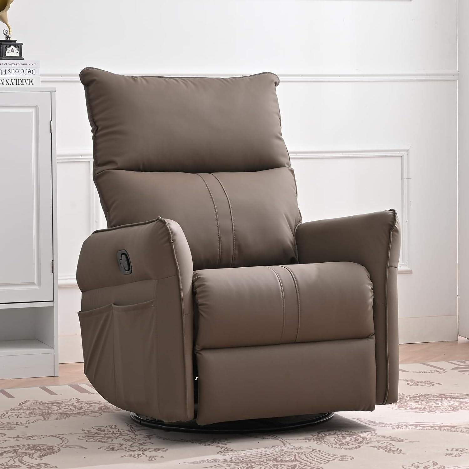 Rocker Recliner Chair, 240 Degree Swivel Nursery Rocking Chair, Glider Chair with Side Pockets and Footrest, Modern Single Sofa Chair for Bedroom, Living Room (Brown)
