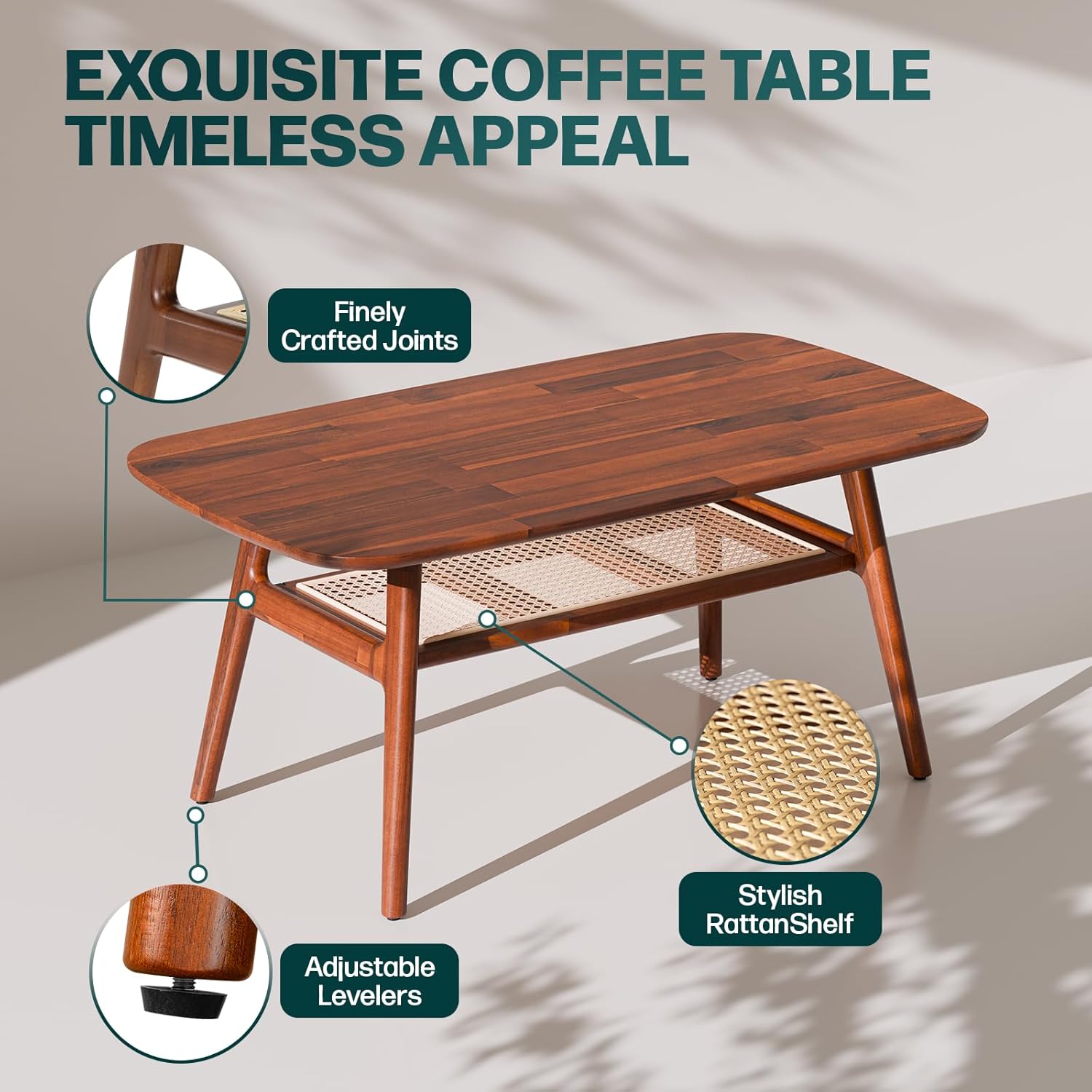 Solid Acacia Wood Coffee Table for Living Room, Spacious Oval-Shaped 237 Lbs Top Capacity, Rattan Shelf Below
