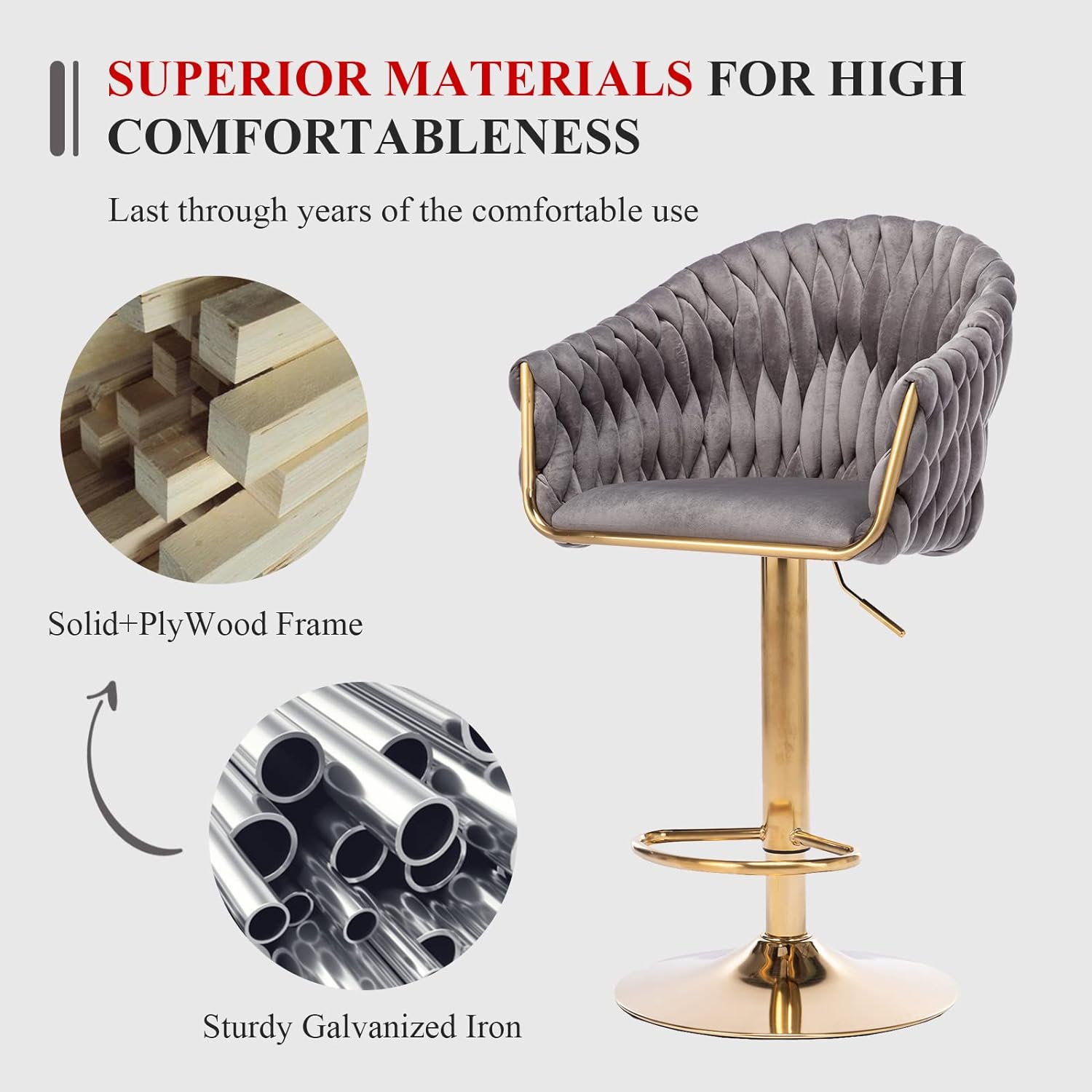 Velvet 360° Swivel Bar Stools with Hand Woven Backrest Design Upholstered Adjustable Counter Bar Stool with Golden Bracket Back and Footrest Bar Chair for Kitchen, Pub (1, Grey)