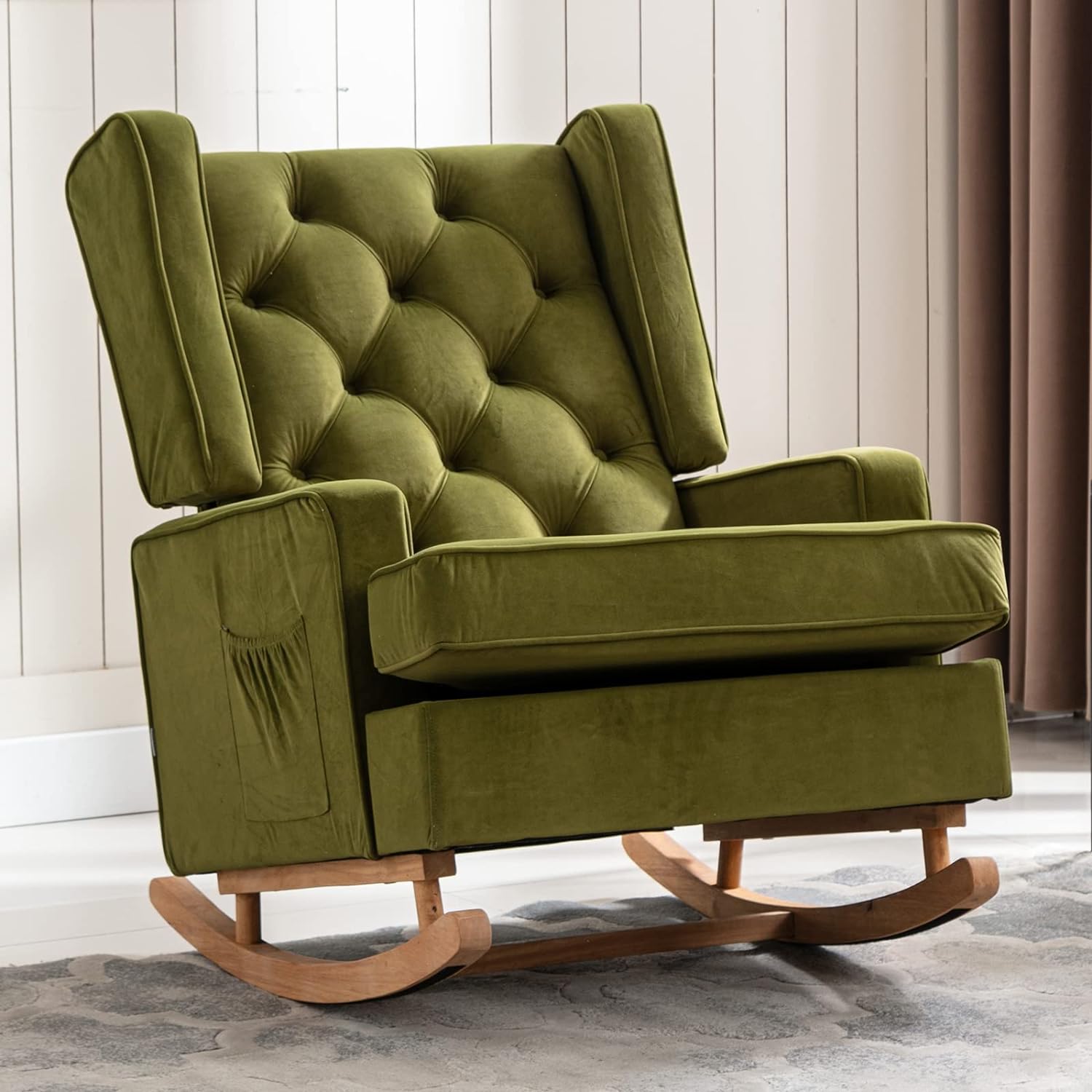 Nursery Rocking Chair Upholstered Rocking Accent Chair Glider Rocker Linen Padded Seat with High Backrest Armchair Comfy Side Chair for Living Room Bedroom Offices (Olive)