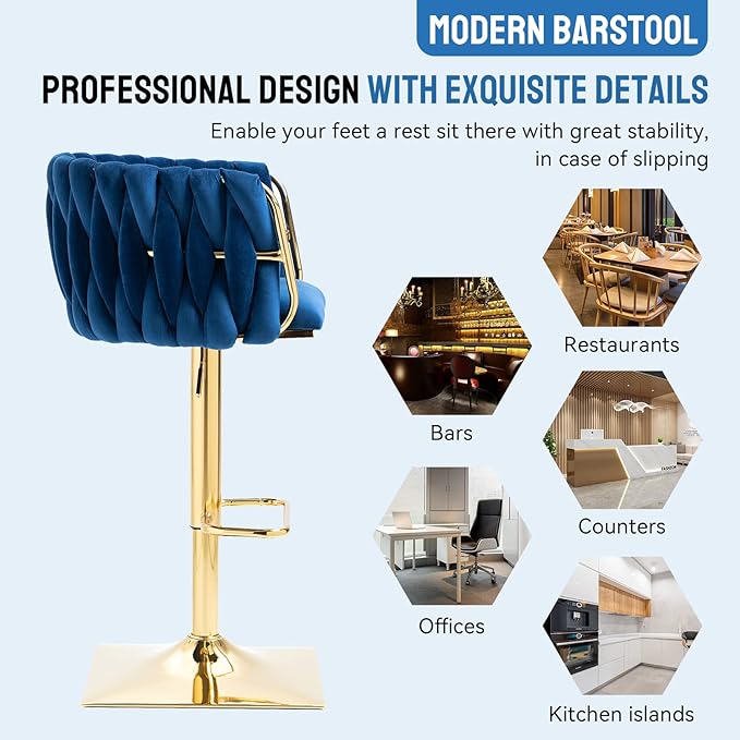 Bar Stools Set of 2 with 360° Swivel Hand Woven Backrest Design Upholstered Adjustable Counter Velvet Bar Stool with Golden Bracket Back and Footrest Bar Chair for Kitchen, Pub (Navy)