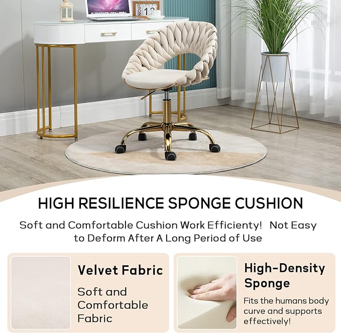 Swivel Velvet Home Office Chair, Upholstered Desk Chair, Modern Accent Armchair, Tufted Computer Task Stools with Gold Base for Girls, Women, Study, Living Room (Ivory)