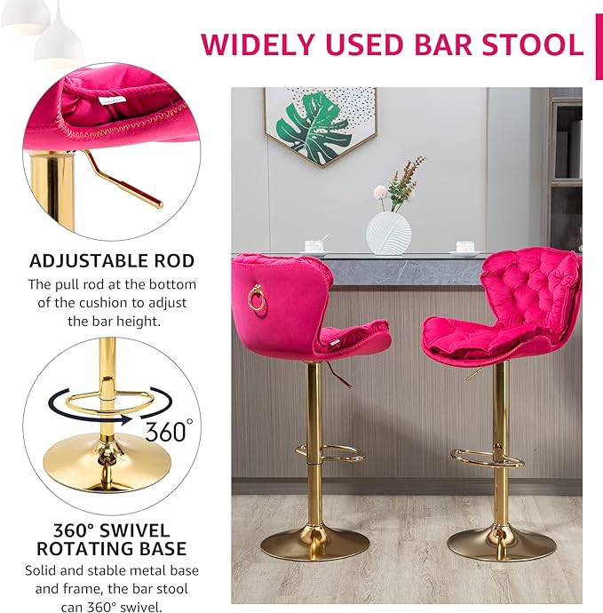 Velvet 360°Swivel Bar Stools Set of 2, Adjustable Bar Chair with Armless Design Tufted Backrest and Metal Gold Legs Dining Chairs Counter Stools for Dining Room, Island, Pub, Bar (Rose Red)