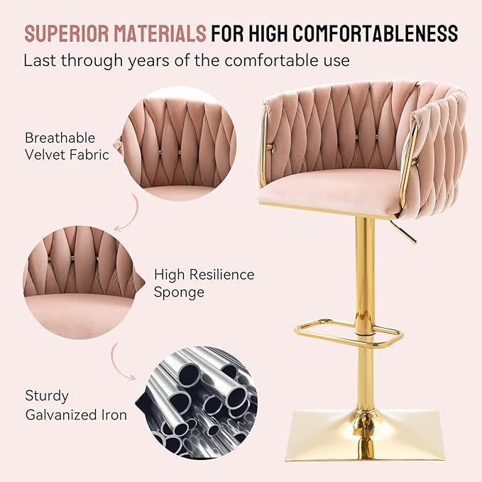 Bar Stools Set of 2 with 360° Swivel Hand Woven Backrest Design Upholstered Adjustable Counter Velvet Bar Stool with Golden Bracket Back and Footrest Bar Chair for Kitchen, Pub (Pink)