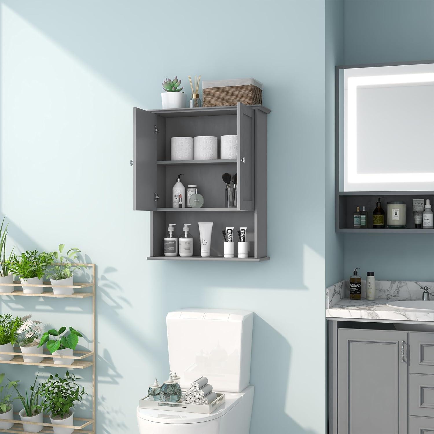 Grey Wall Mounted Bathroom Cabinet 24x30 Inch Wooden Over Toilet Storage Cabinet with 2 Doors
