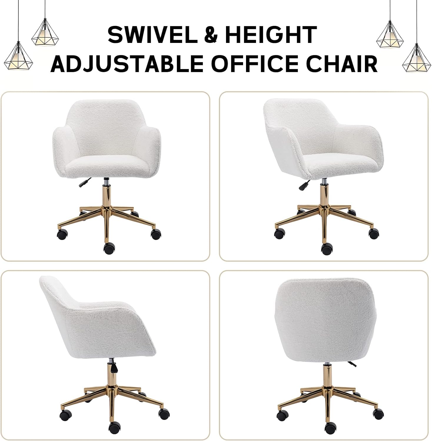 Home Office Desk Chair, 360° Swivel & Height Adjustable Task Chairs, Makeup Chair, Computer Chair with Stainless Base and 5 Wheels for Living Room, Bedroom, Home Office (White Teddy)