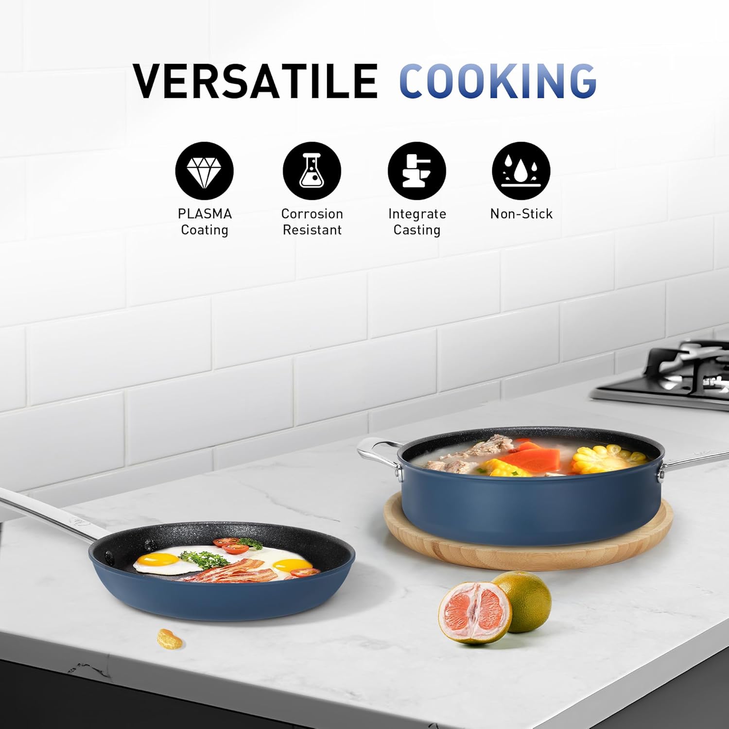 Nonstick Frying Pans Set 3 Piece, 12" Saute Pan with Lid and 10" Frying Pan, Non Toxic Deep Fry Pan, Induction Cookware Set with Plasma Titanium Coating