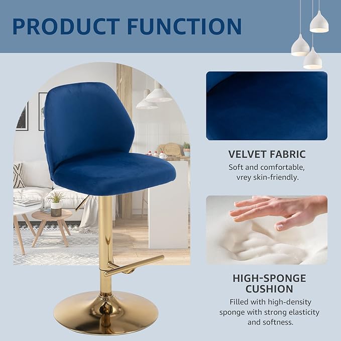 Modern Velvet Bar Stools Set of 2, Swivel Barstools with Golden Legs, Back Ring Design, Kitchen Island Chairs, Counter Height Stool for Home Bar, Kitchen Island,Pub, Cafe (Navy Blue)