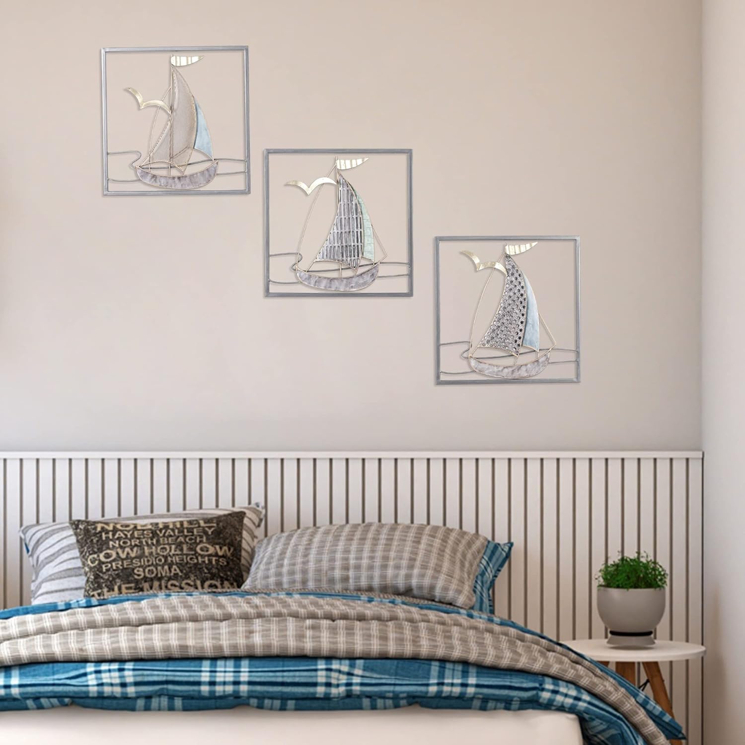 3D Metal Sailboat Wall Art Set of 3, Handmade Antique Finishing 24 inch Metal Wall Sculptures