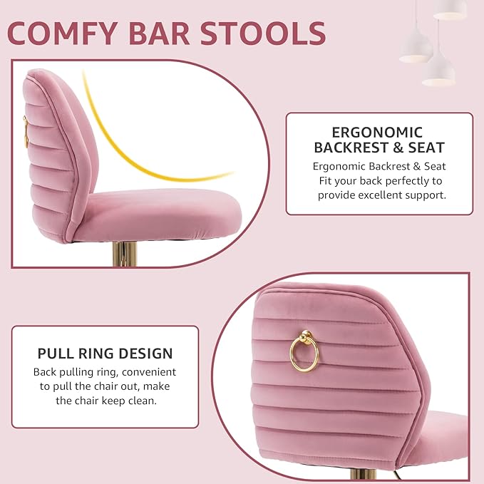 Modern Velvet Bar Stools Set of 2, Swivel Barstools with Golden Legs, Back Ring Design, Kitchen Island Chairs, Counter Height Stool for Home Bar, Kitchen Island,Pub, Cafe (Pink)