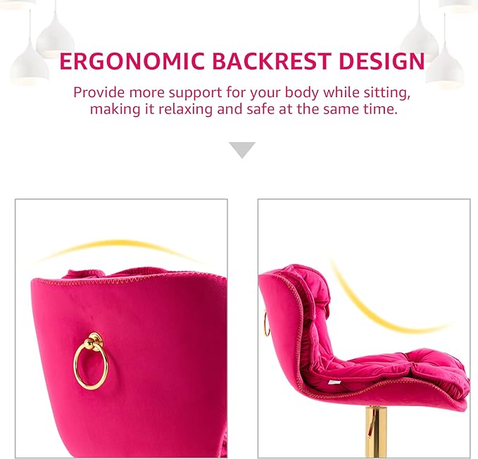 Velvet 360°Swivel Bar Stools Set of 2, Adjustable Bar Chair with Armless Design Tufted Backrest and Metal Gold Legs Dining Chairs Counter Stools for Dining Room, Island, Pub, Bar (Rose Red)