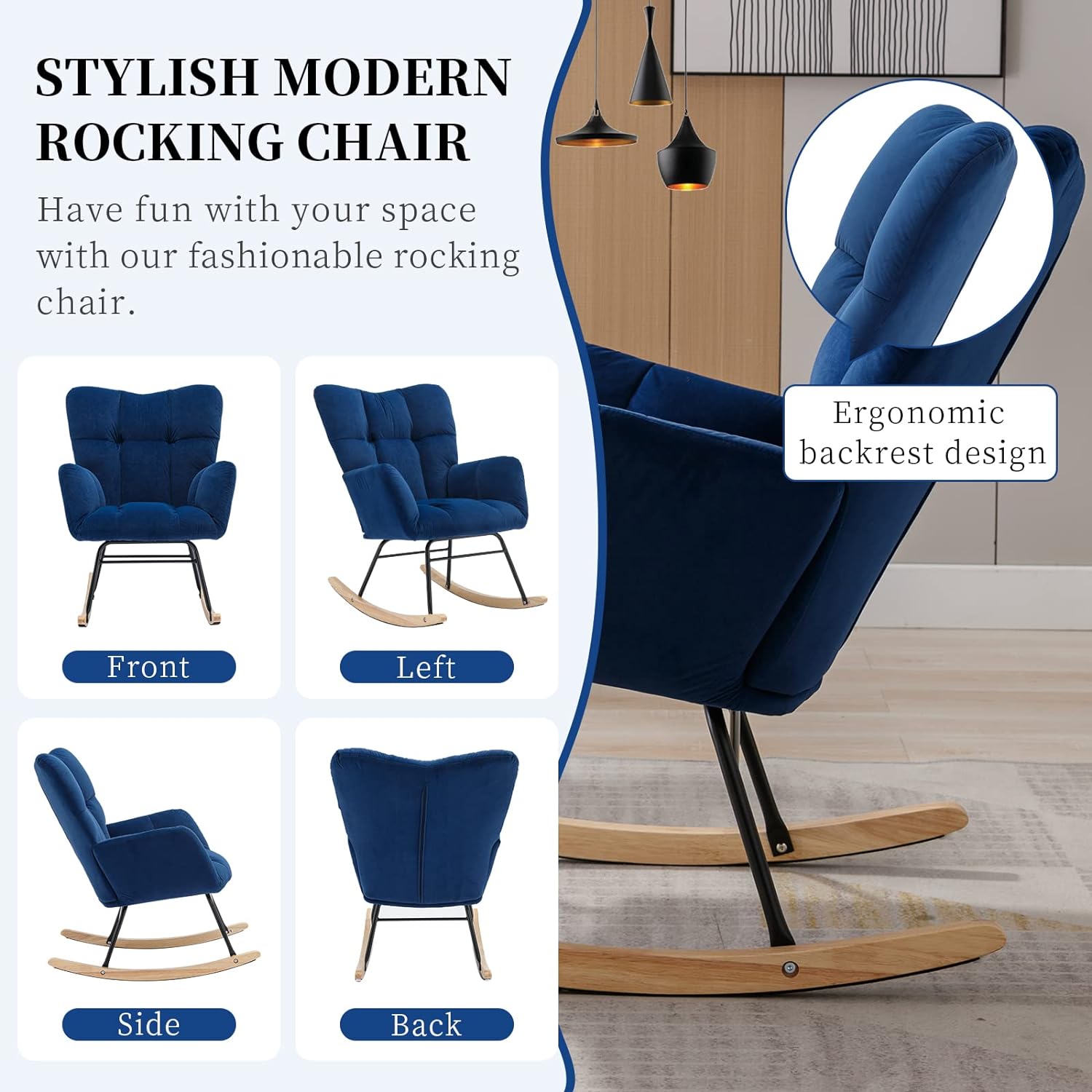 Nursery Rocking Chair Teddy Upholstered Glider Rocker Rocking Accent Chair Padded Seat with High Backrest Armchair Comfy Side Chair for Living Room Bedroom Offices (Blue Velvet)