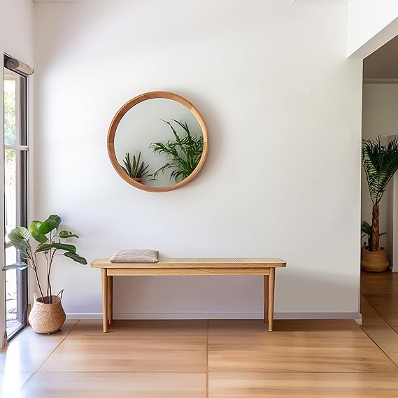 Wood Dining Bench,100% Natural Solid Oak Bed Bench with Rattan Design, Rounded Edge, Bench for Entryway Hall, Dining Room,Bedroom, Living Room (Natural Color, 39.37 inch)