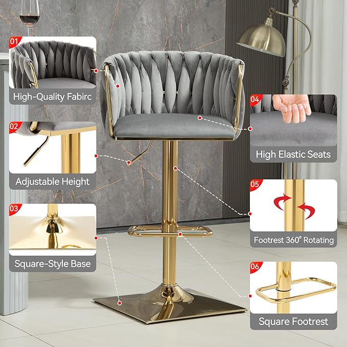 Bar Stools Set of 2 with 360° Swivel Hand Woven Backrest Design Upholstered Adjustable Counter Velvet Bar Stool with Golden Bracket Back and Footrest Bar Chair for Kitchen, Pub (Grey)