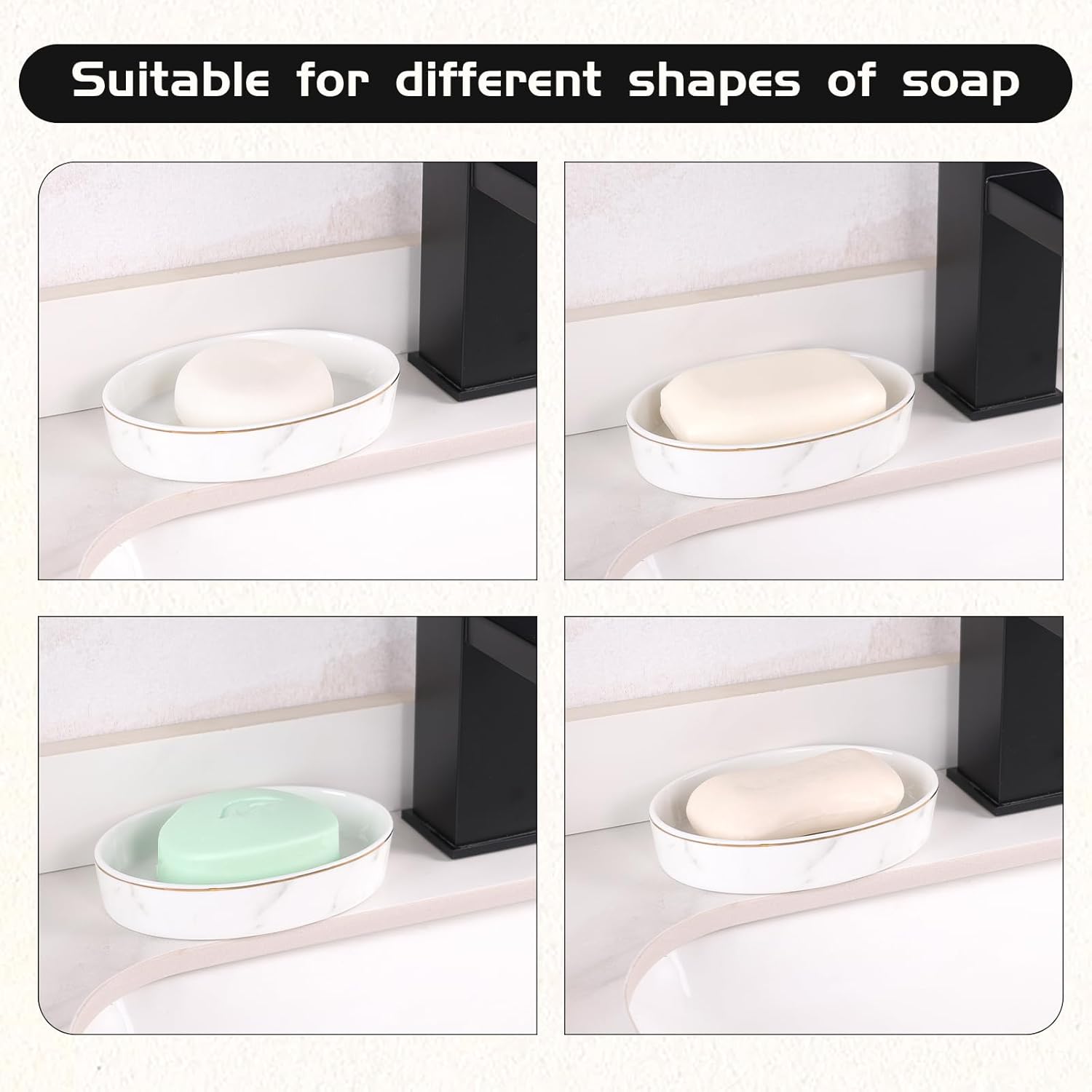 Ceramic White Marble Soap Holder Soap Bar Holder, Oval Soap Dish for Shower Bathroom Kitchen Sink, Easy Clean