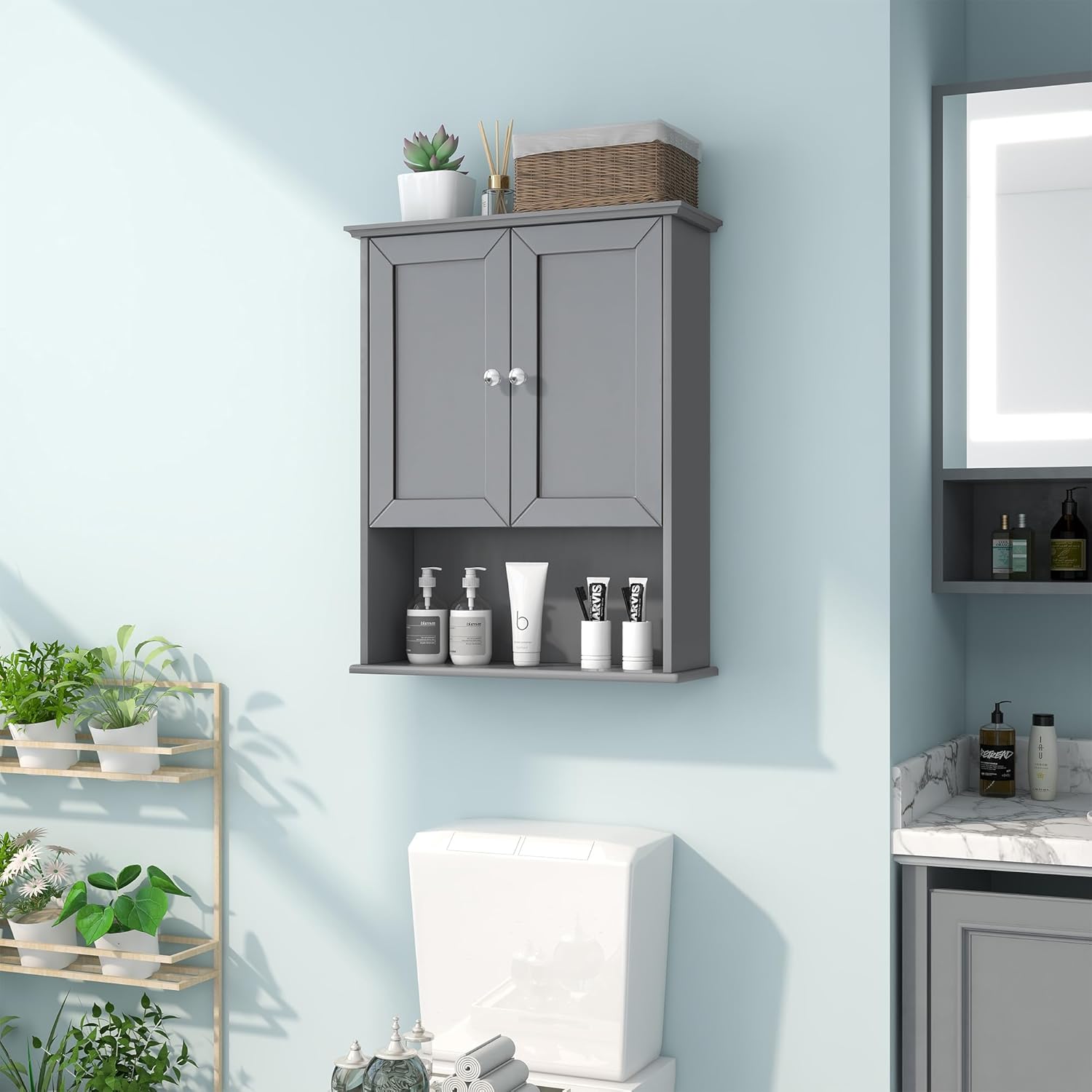 Grey Wall Mounted Bathroom Cabinet 24x30 Inch Wooden Over Toilet Storage Cabinet with 2 Doors