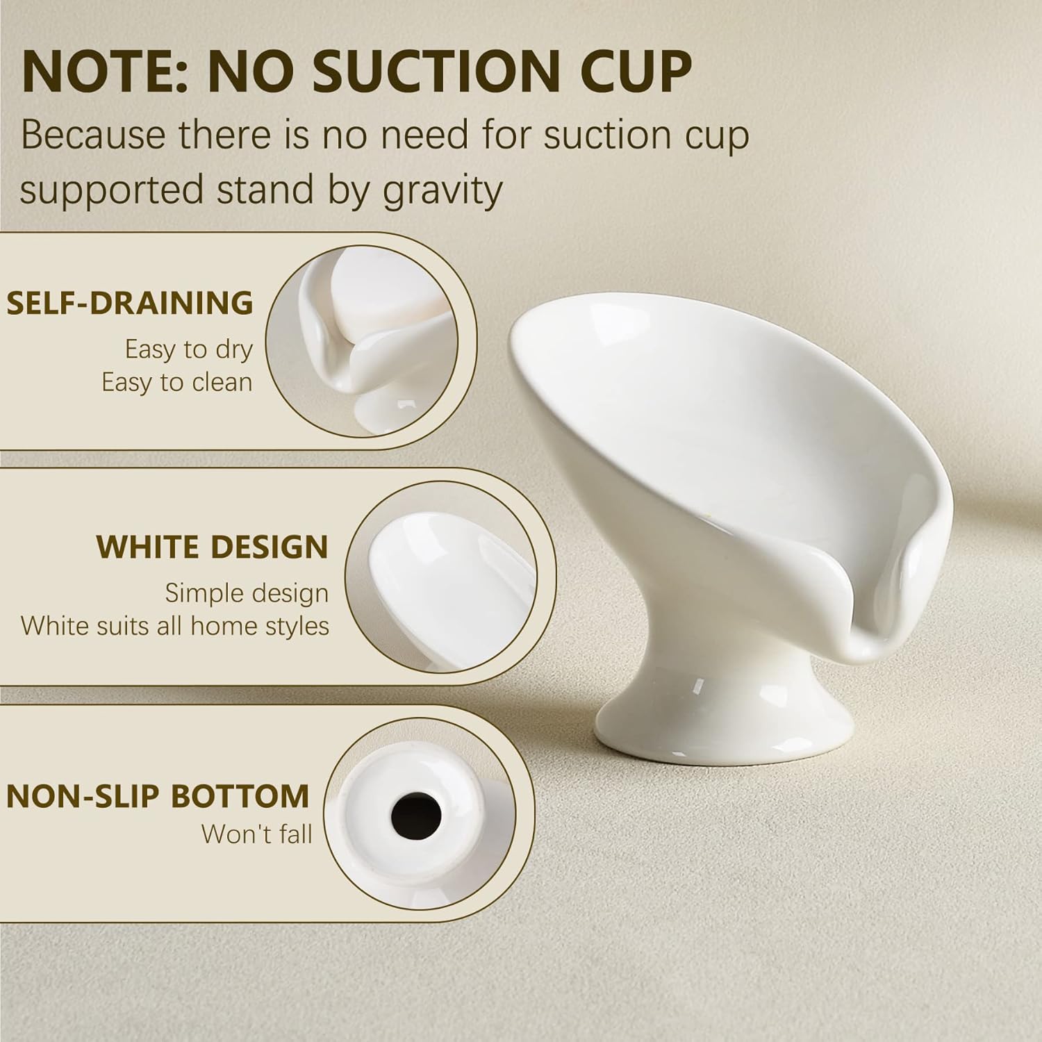 Soap Holder Self Draining Leaf Shape Ceramic Soap Dishes, Cream White Draining Soap Dish for Bathroom Shower