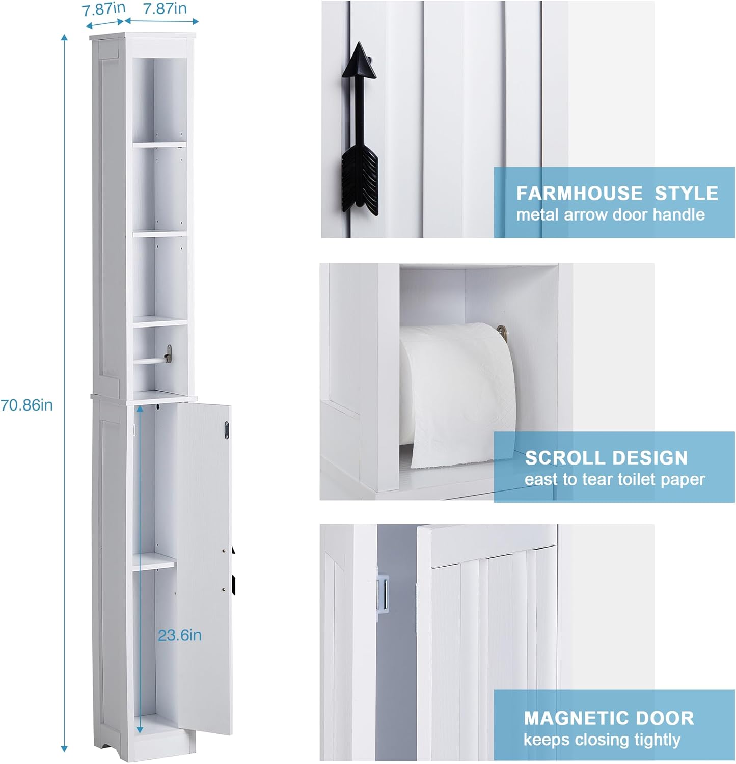 Bathroom Tall Cabinet with Adjustable Shelves, Slim Storage Cabinet with Toilet Paper Scroll