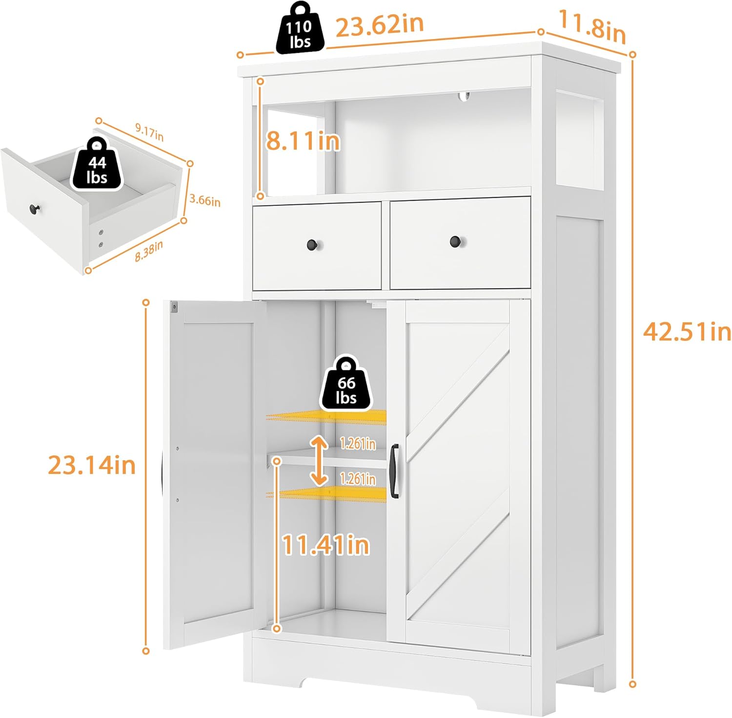 Farmhouse Storage Cabinet, Bathroom Storage Cabinet with 2 Drawers & Adjustable Shelves