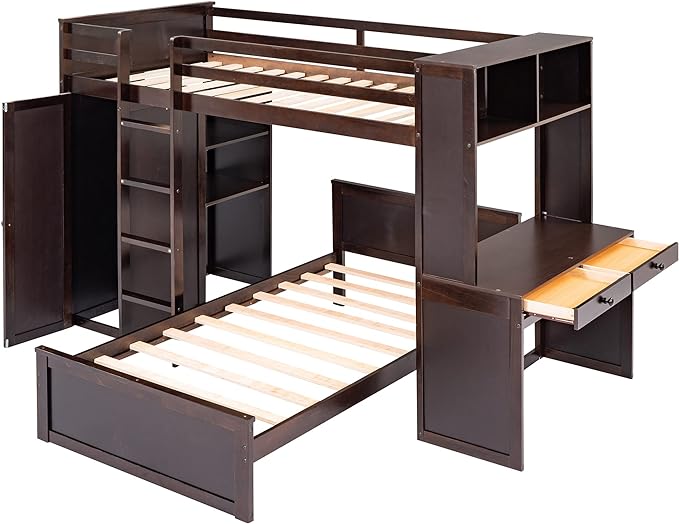 Loft Bed with Desk and Wardrobe Twin Over Twin Loft Bunk Beds Frame with Storage Drawers and Bookcase Wood All in One Beds for Kids Boys Girls Teens, Espresso