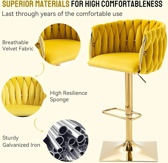 Bar Stools Set of 2 with 360° Swivel Hand Woven Backrest Design Upholstered Adjustable Counter Velvet Bar Stool with Golden Bracket Back and Footrest Bar Chair for Kitchen, Pub (Mustard)