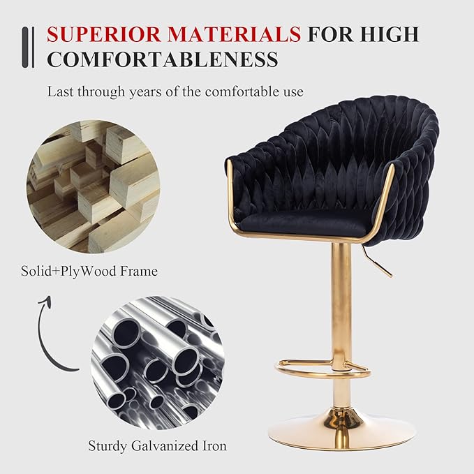Velvet 360° Swivel Bar Stools with Hand Woven Backrest Design Upholstered Adjustable Counter Bar Stool with Golden Bracket Back and Footrest Bar Chair for Kitchen, Pub (1, Black)