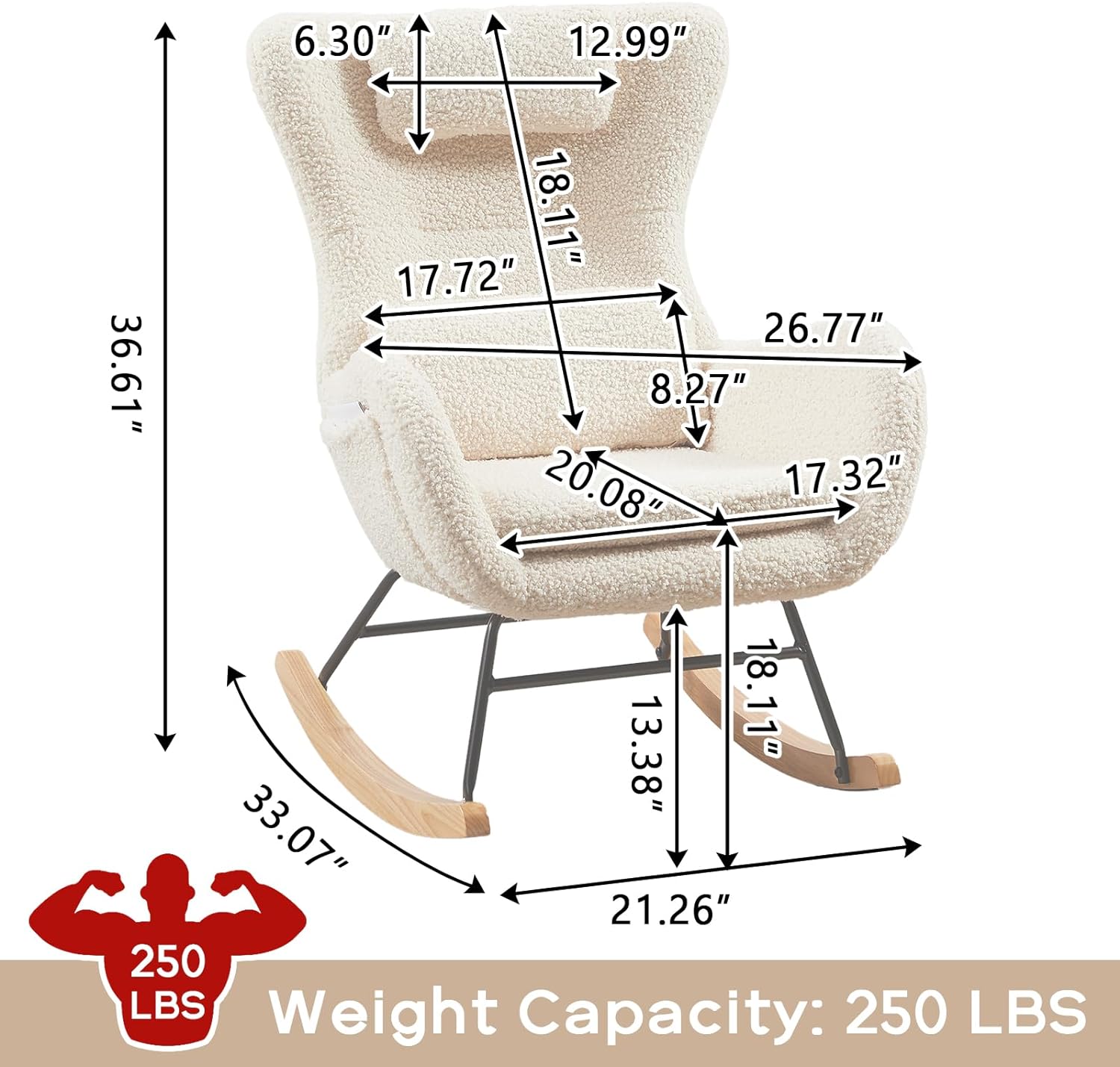 Nursery Rocking Chair, Teddy Upholstered Glider Rocker with Headrest and Lumbar Pillow, High Backrest Rocking Accent Chair with Side Pocket, Comfy Armchair for Living Room (Beige)