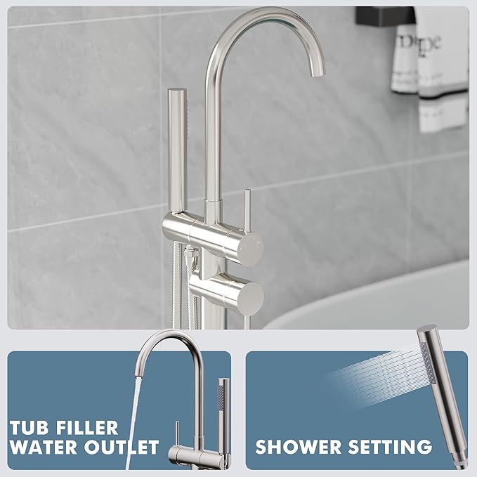 Floor Mount Bathtub Faucet Freestanding Tub Filler Standing High Flow Shower Faucets Shower Mixer Taps, Swivel Gooseneck Spout with Cylinder Handheld