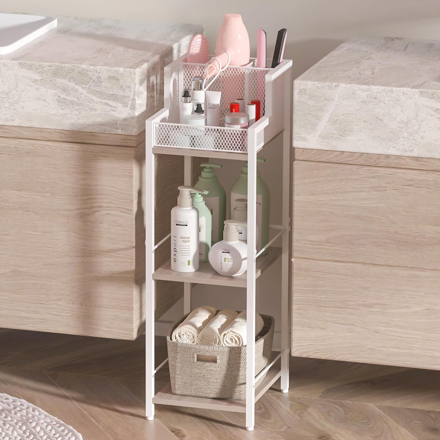 Hair Tool Organizer Bathroom Storage Shelf 3-Tier Hair Dryer Holder with 3 Grids - Makeup Organizer Slim Floor Stand