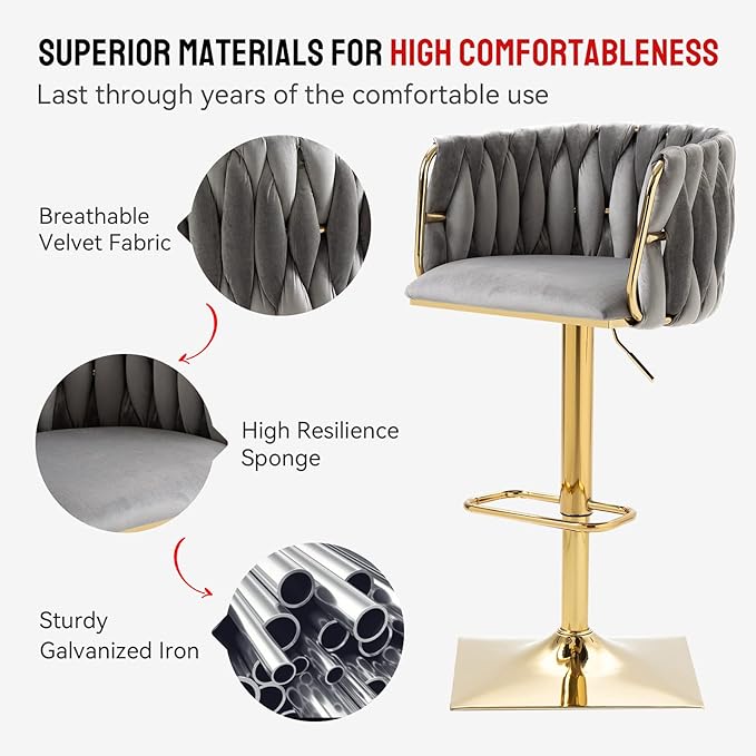 Bar Stools Set of 2 with 360° Swivel Hand Woven Backrest Design Upholstered Adjustable Counter Velvet Bar Stool with Golden Bracket Back and Footrest Bar Chair for Kitchen, Pub (Grey)