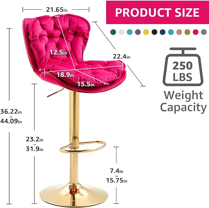 Velvet 360°Swivel Bar Stools Set of 2, Adjustable Bar Chair with Armless Design Tufted Backrest and Metal Gold Legs Dining Chairs Counter Stools for Dining Room, Island, Pub, Bar (Rose Red)