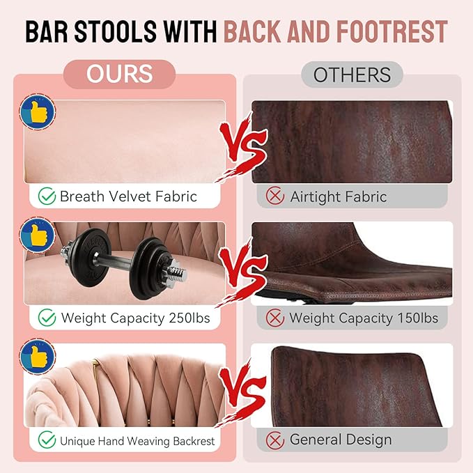 Bar Stools Set of 2 with 360° Swivel Hand Woven Backrest Design Upholstered Adjustable Counter Velvet Bar Stool with Golden Bracket Back and Footrest Bar Chair for Kitchen, Pub (Pink)