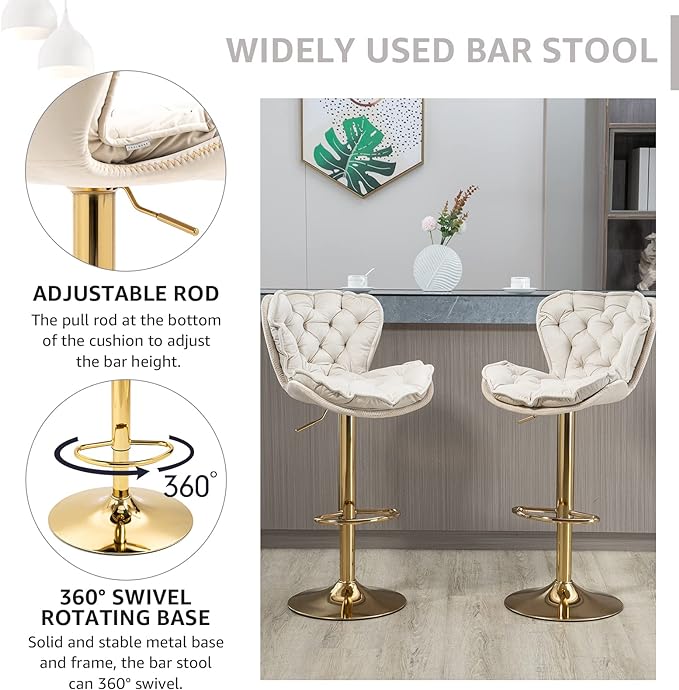 Velvet 360°Swivel Bar Stools Set of 2, Adjustable Bar Chair with Armless Design Tufted Backrest and Metal Gold Legs Dining Chairs Counter Stools for Dining Room, Island, Pub, Bar (Ivory)