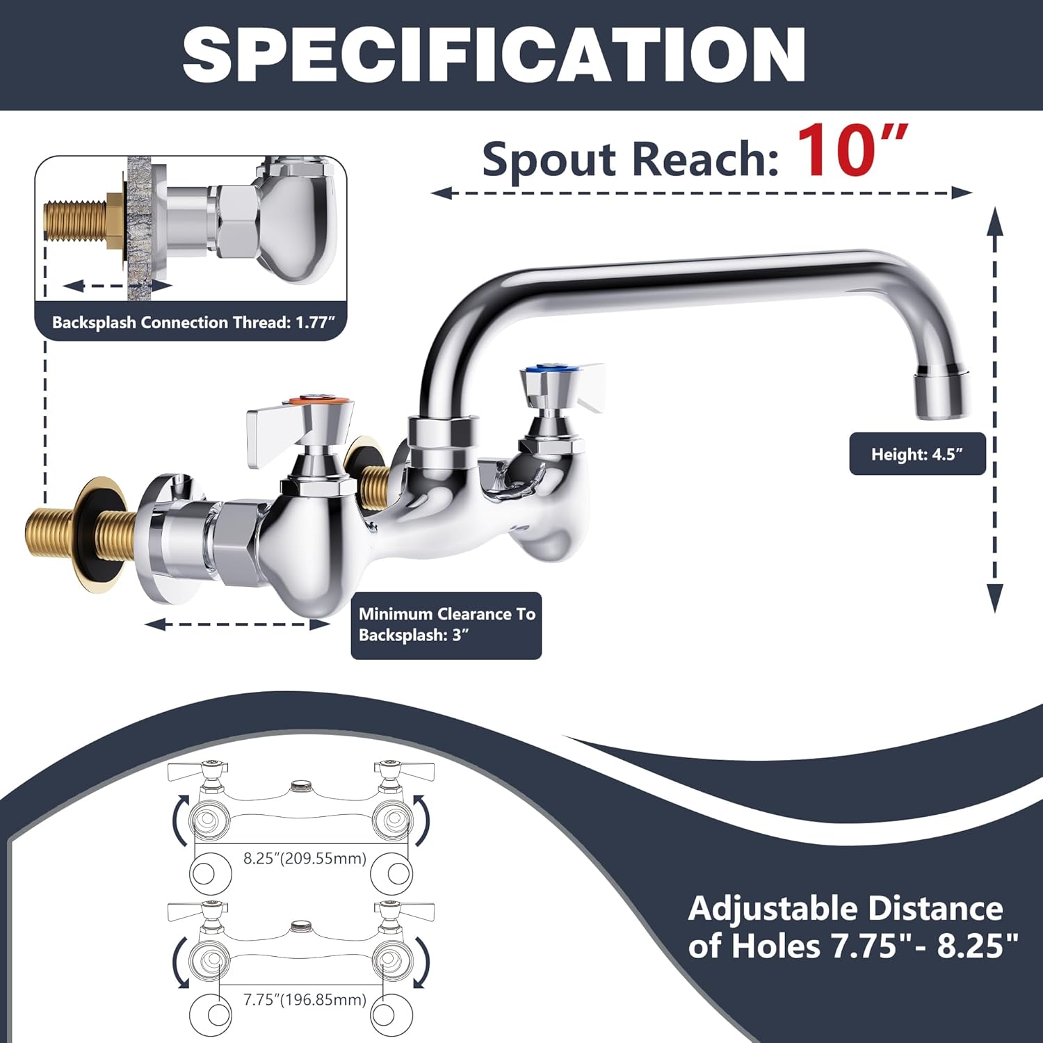 Wall Mount Commercial Sink Faucet with 10” Swivel Spout Polish Chrome Brass Utility Sink Faucet for Kitchen Laundry Restaurant Industrial Compartment Sink（Include 90 Degree Adapters）