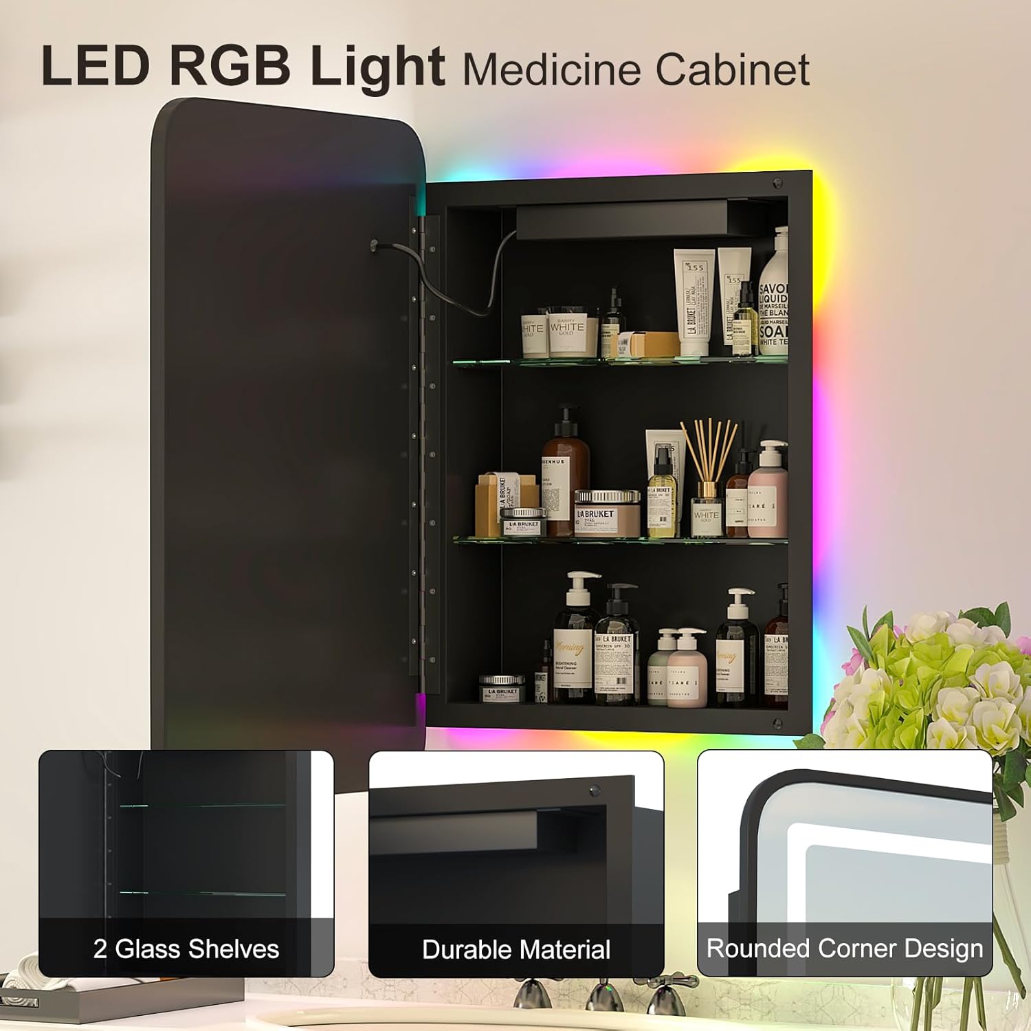 Metal Recessed Medicine Cabinets for Bathroom Medicine Cabinet with Mirror,RGB LED Medicine Cabinet