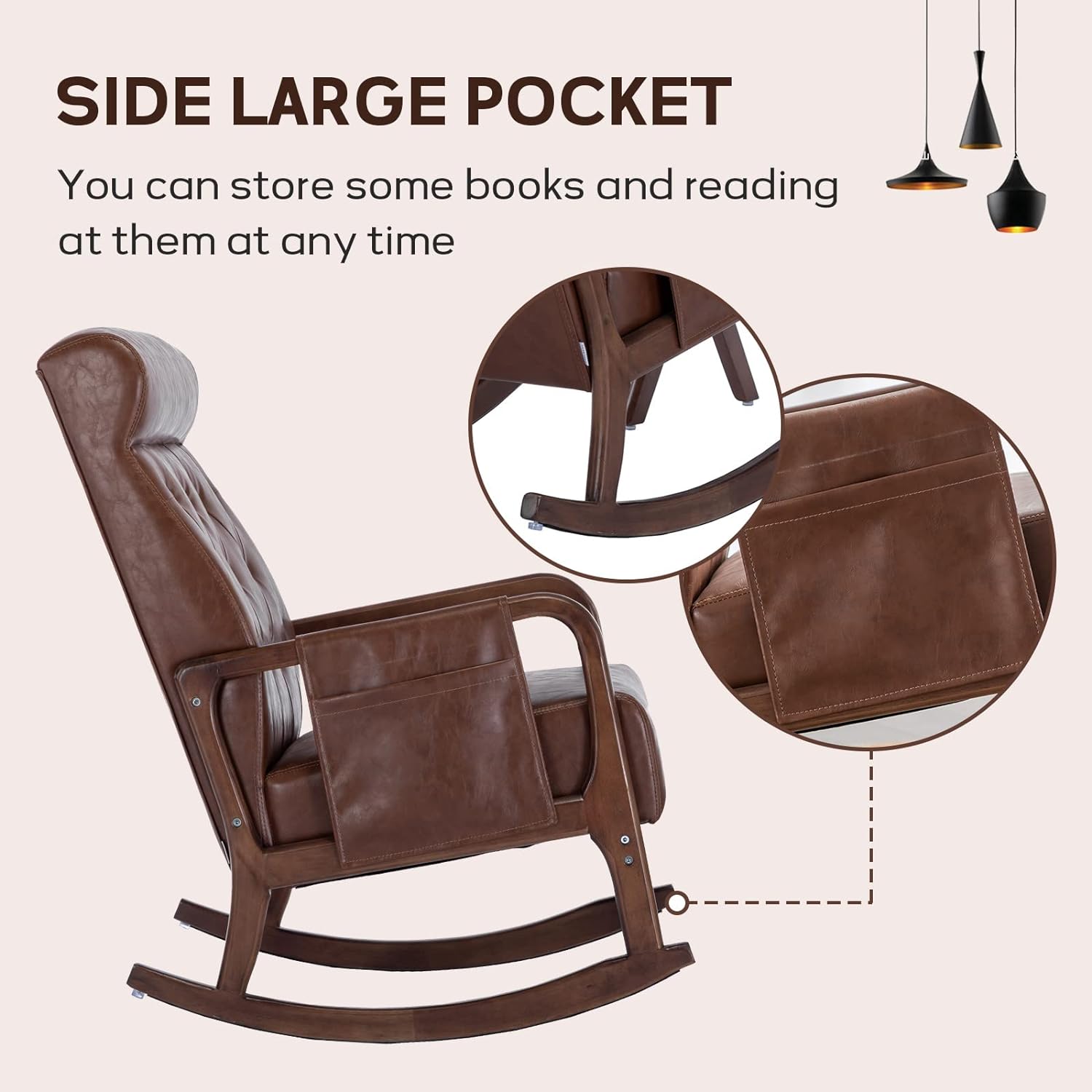 Nursery Rocking Chairs with Ottoman, Upholstered Glider Chair with Rubber Wood Legs and Side Pocket, Mid-Century Rocking Accent Chair for Living Room Bedroom (Brown PU)