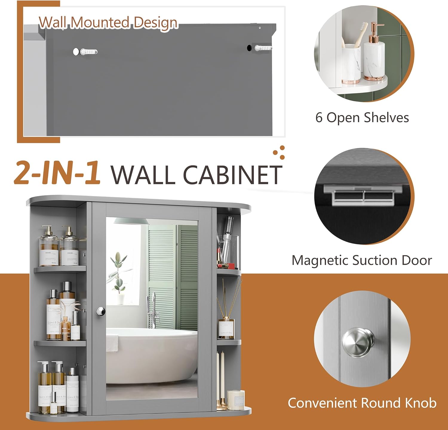 Bathroom Mirror Cabinet Wall Mounted, Bathroom Medicine Cabinet with Mirror and 6 Open Shelves