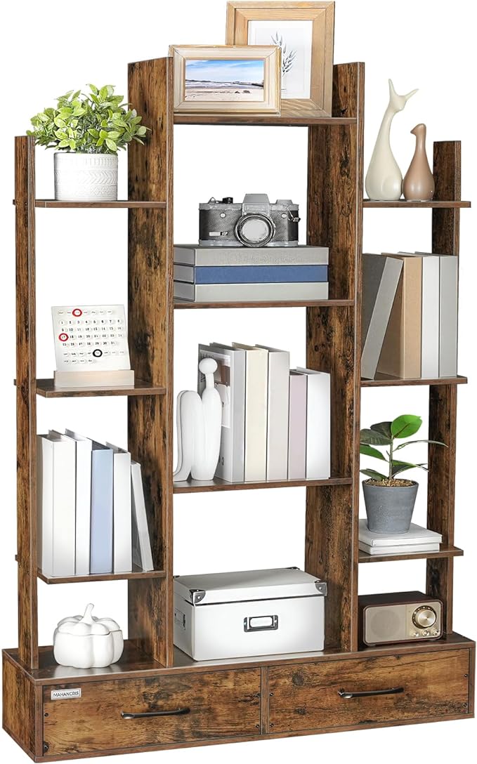 Bookcases and Bookshelves, 4-Tier Bookcase with 12 Shelves and 2 Drawers