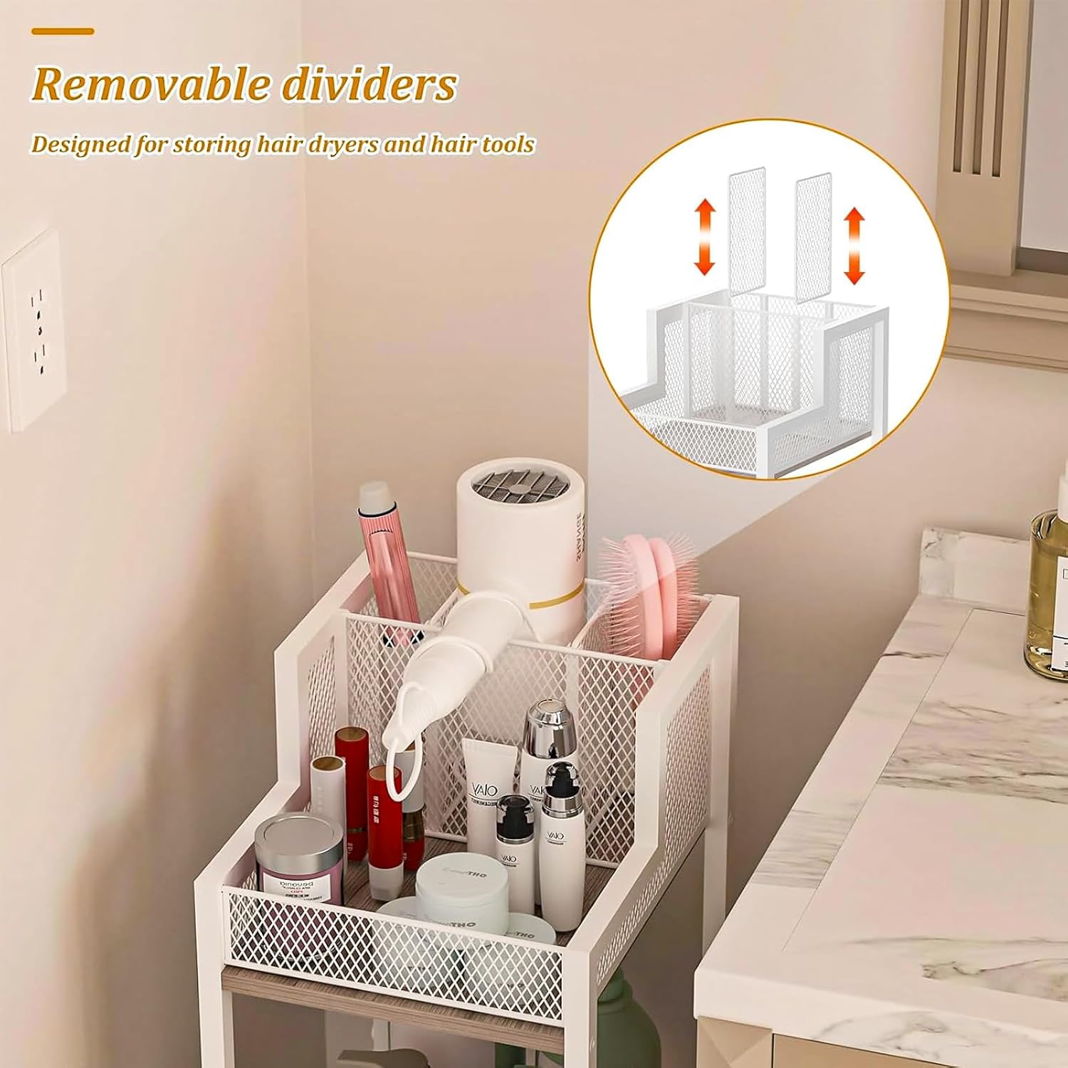 Hair Tool Organizer Bathroom Storage Shelf 3-Tier Hair Dryer Holder with 3 Grids - Makeup Organizer Slim Floor Stand
