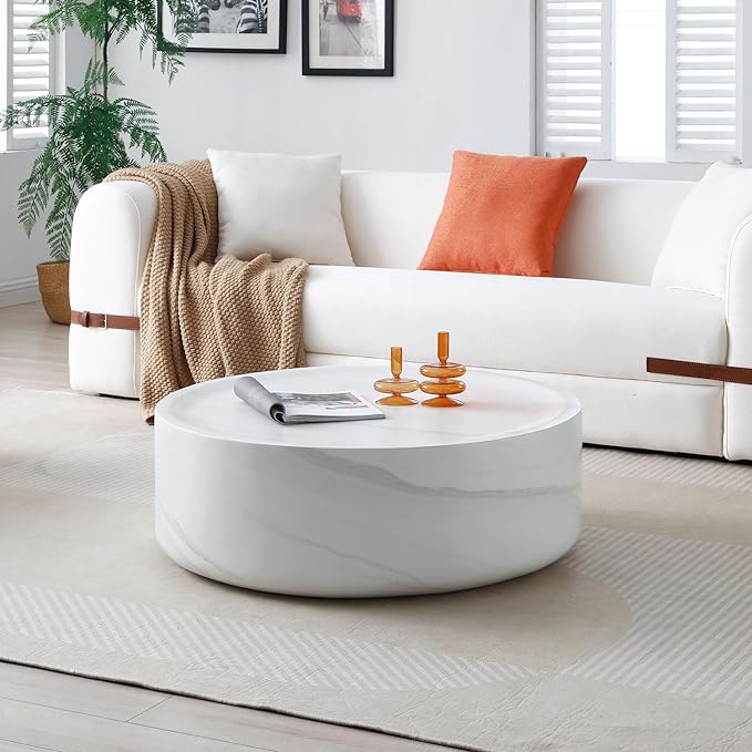 35.43" Faux Marble Coffee Table, Round White Coffee Table